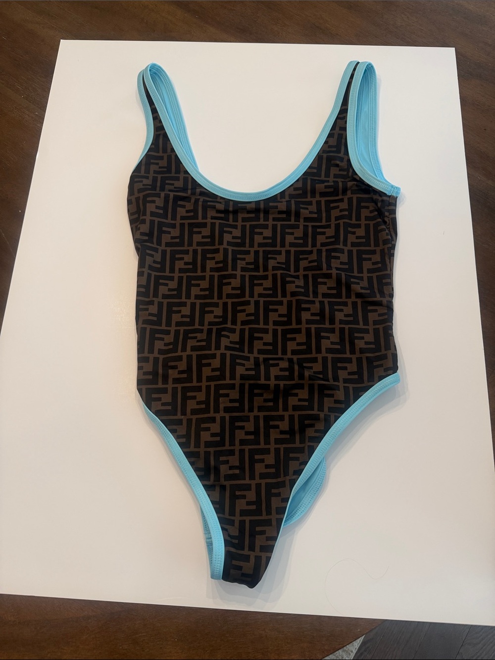 Fendi Brown Monogram Kids One-Piece with Light Blue Trim